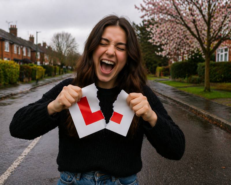 Woman tearing L plate in street after passing driving test