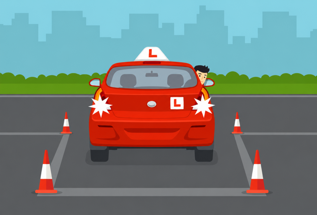 Learner driver car reversing between cones