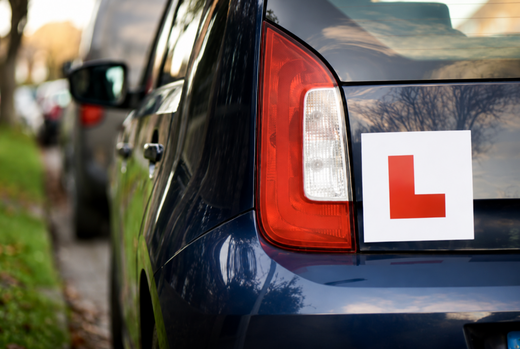 Learner driver L plate displayed on a parked car.